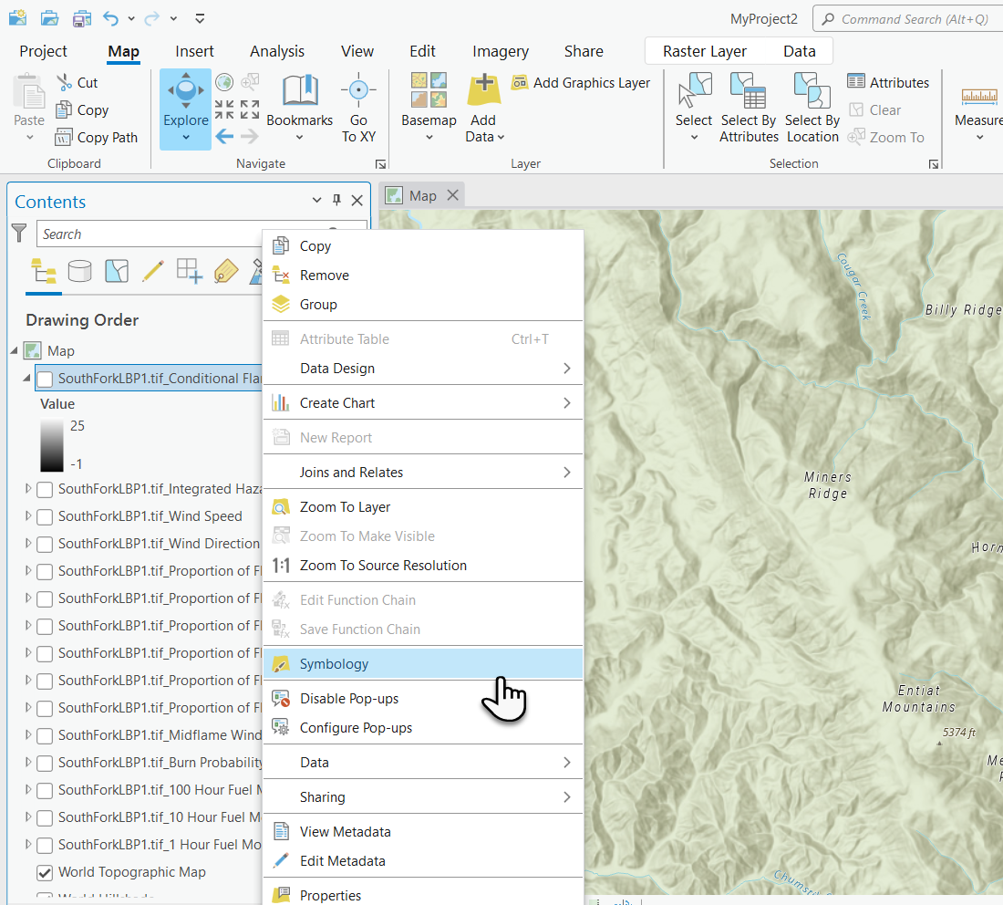 "Symbology" menu option that becomes available when right clicking on the layer in arc pro