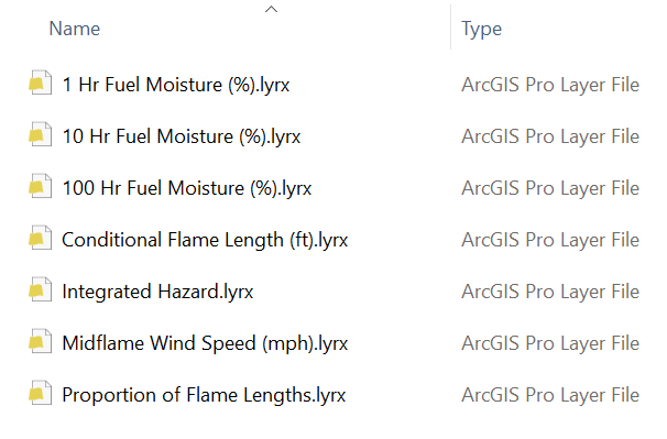 files available in the Landscape Burn Probability download package.  They include the ArcGIS Layer (*.lyrx) files to define the symbology for most of the bands in the GeoTIFF (*.TIF, *.XML, *.OVR)