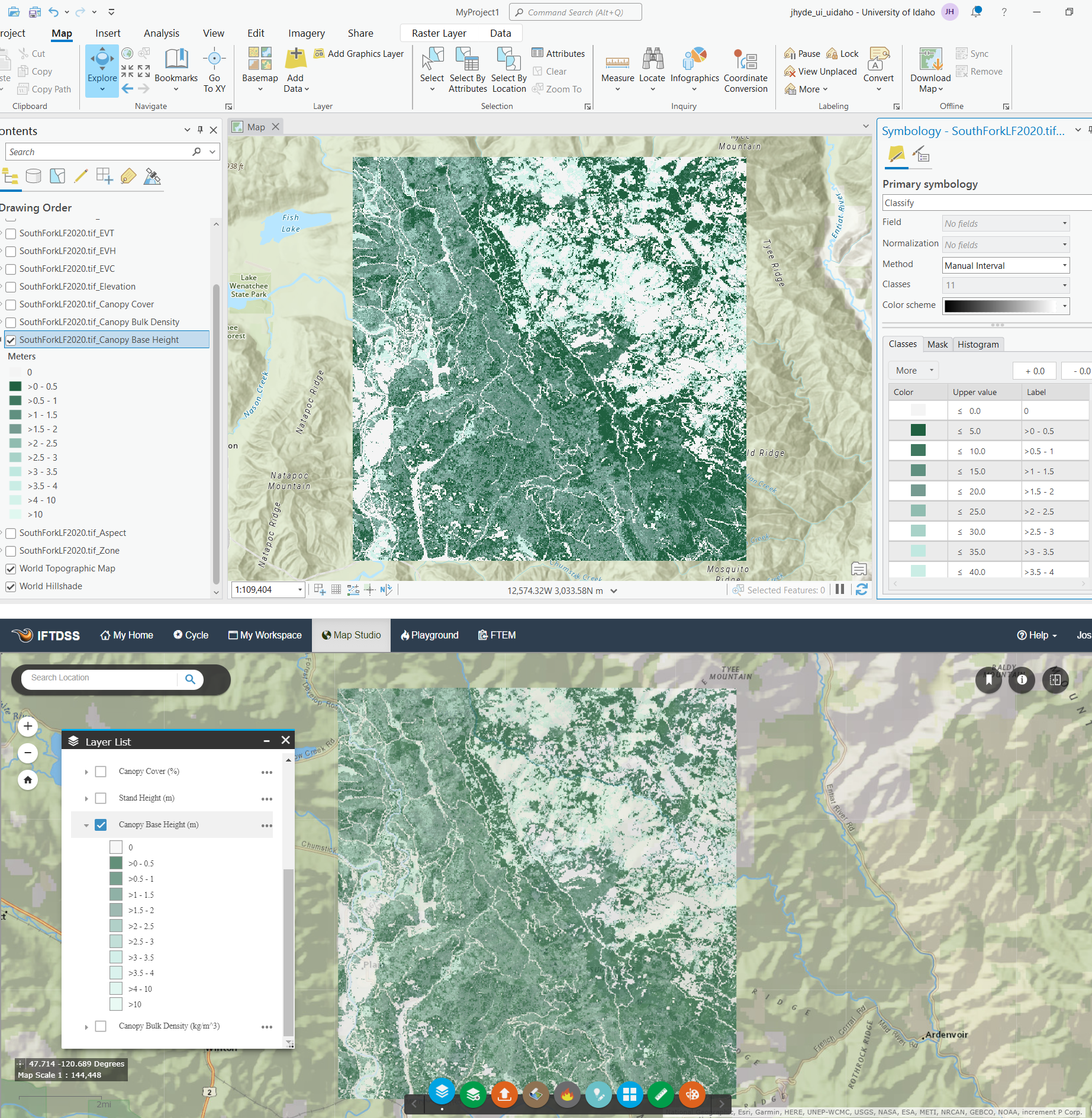 green symbology for canopy base height shown in ArcGIS Pro matches that of IFTDSS.