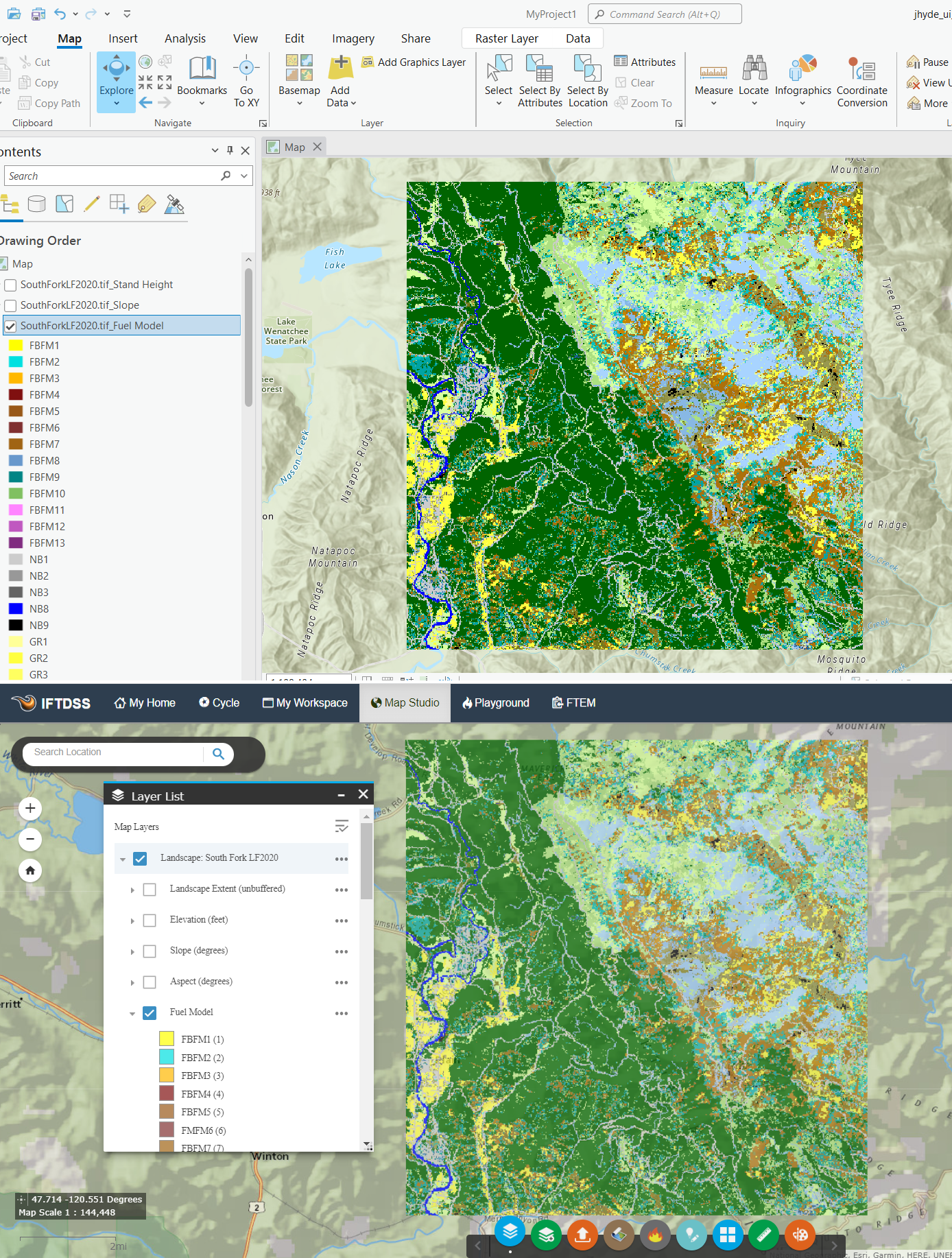 IFTDSS fuel models in ArcGIS top with the same symbology as IFTDSS, bottom.