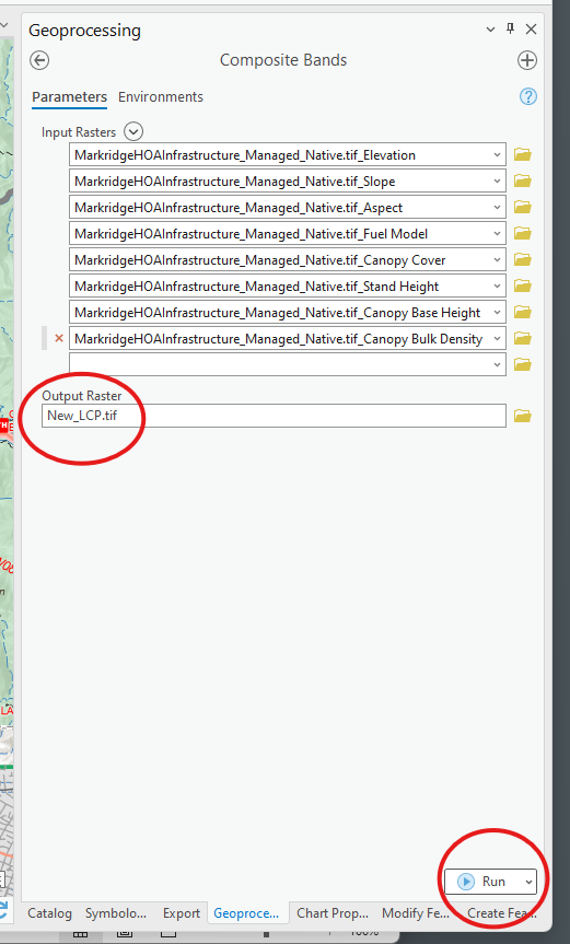 The new landscape name is visible, including the ".tif" extension. The "Run" button is visible in the bottom right.