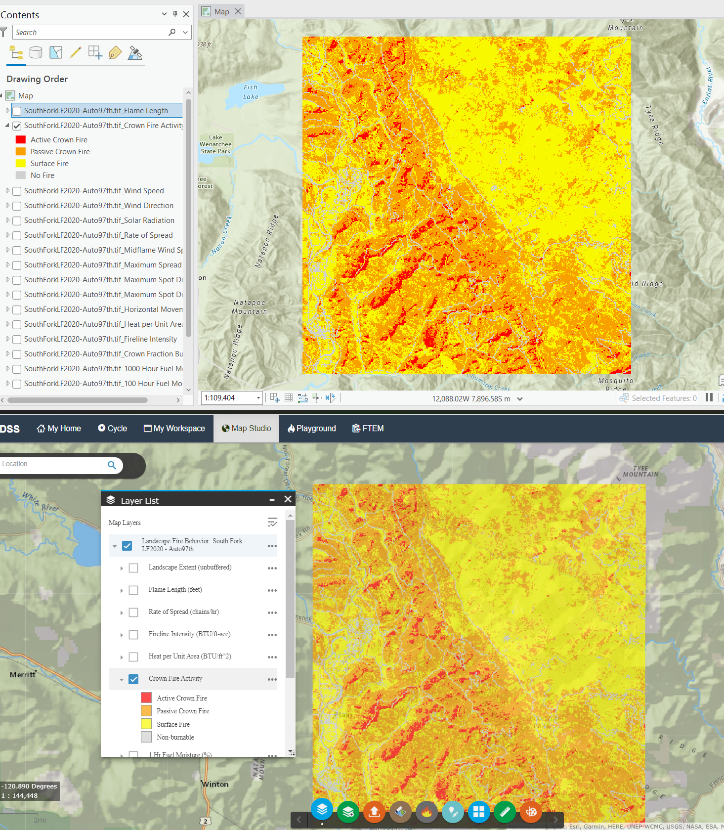 IFTDSS and ArcGIS Pro with identical Crown Fire Activity maps.