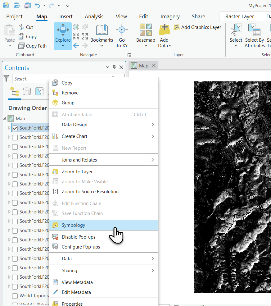 flame length layer options in ArcGIS Pro with the 'symbology' option visibile in the menu