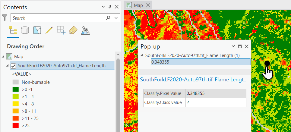 Identify window in ArcGIS Pro open showing the unique value, class value, and pixel value for a pixel.