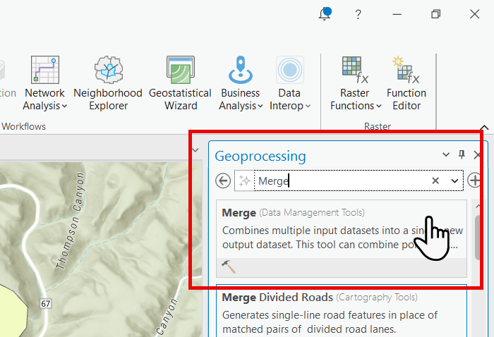 The word "merge" typed into the geoprocessing search field and the "Merge" option is visible.