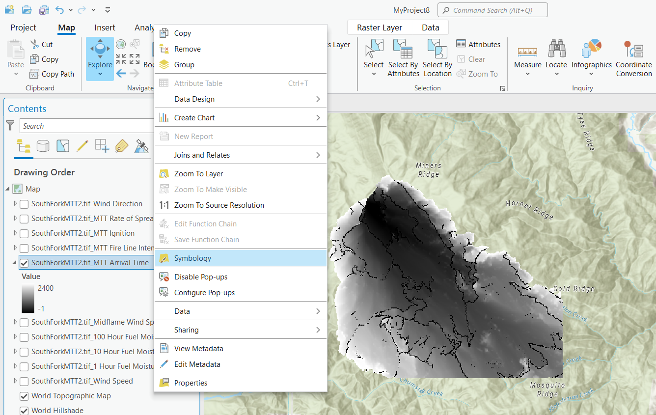 The "symbology" option displayed in ArcGIS after right-clicking on the Arrival Time layer.