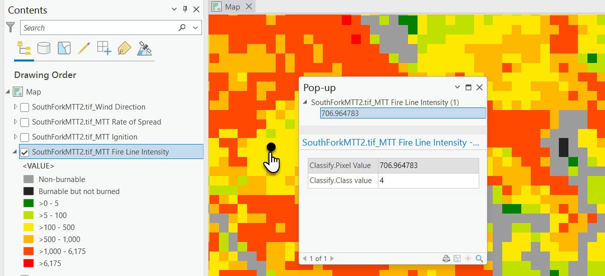 Explorer window in ArcGIS Pro open showing the unique value, class value, and pixel value for a pixel.