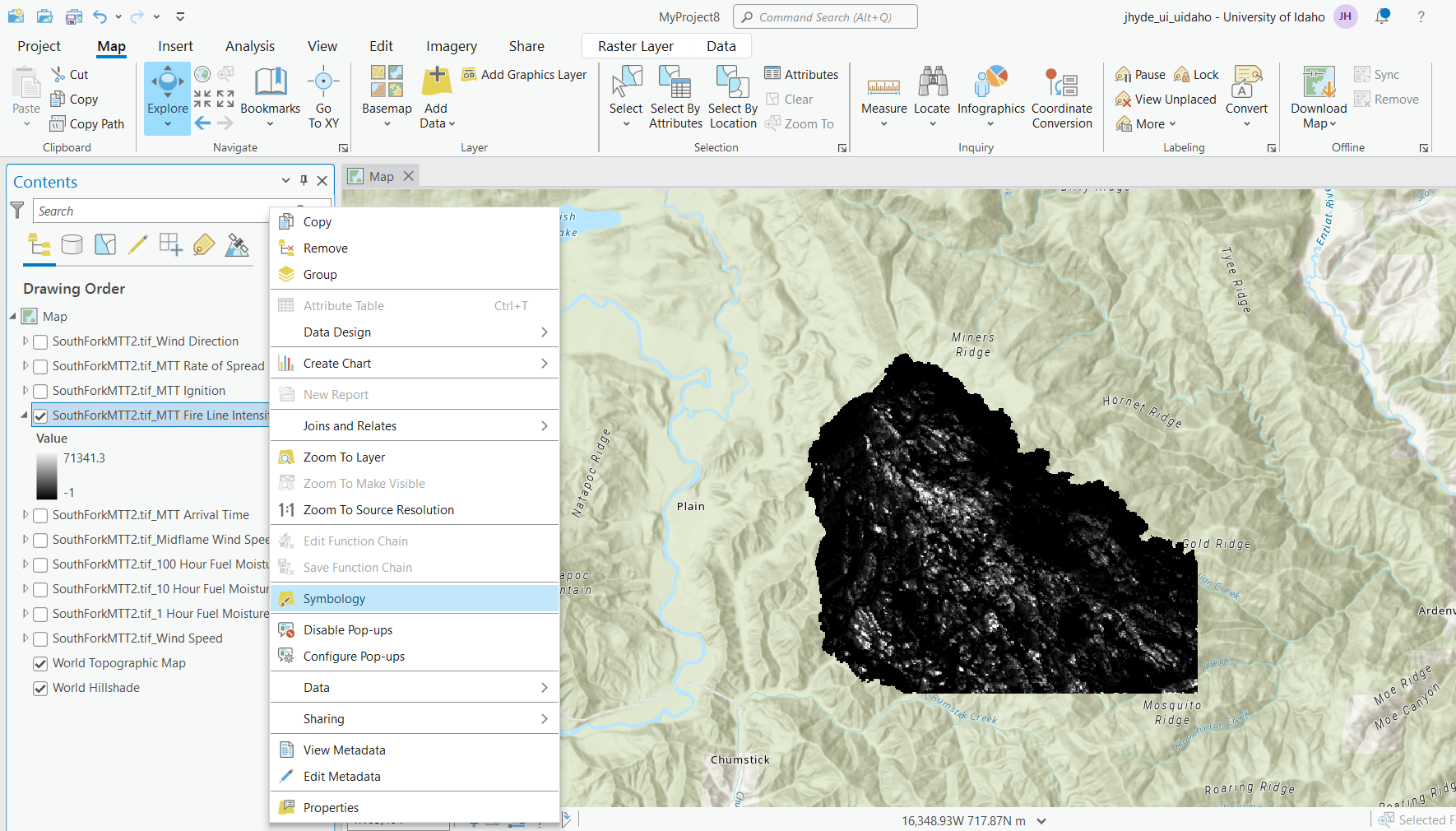 layer options in ArcGIS with the 'symbology' option visibile in the menu