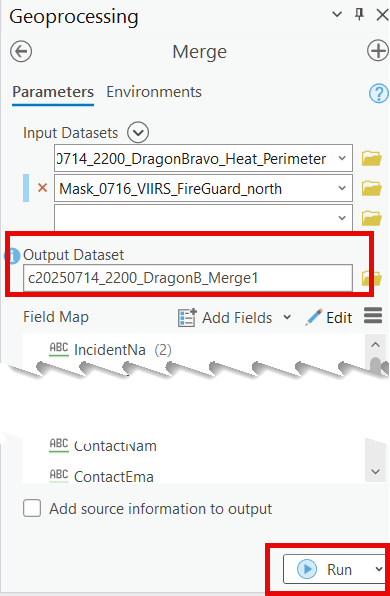 The "Output Dataset" is populated and the "Run" button is visible in the bottom right.