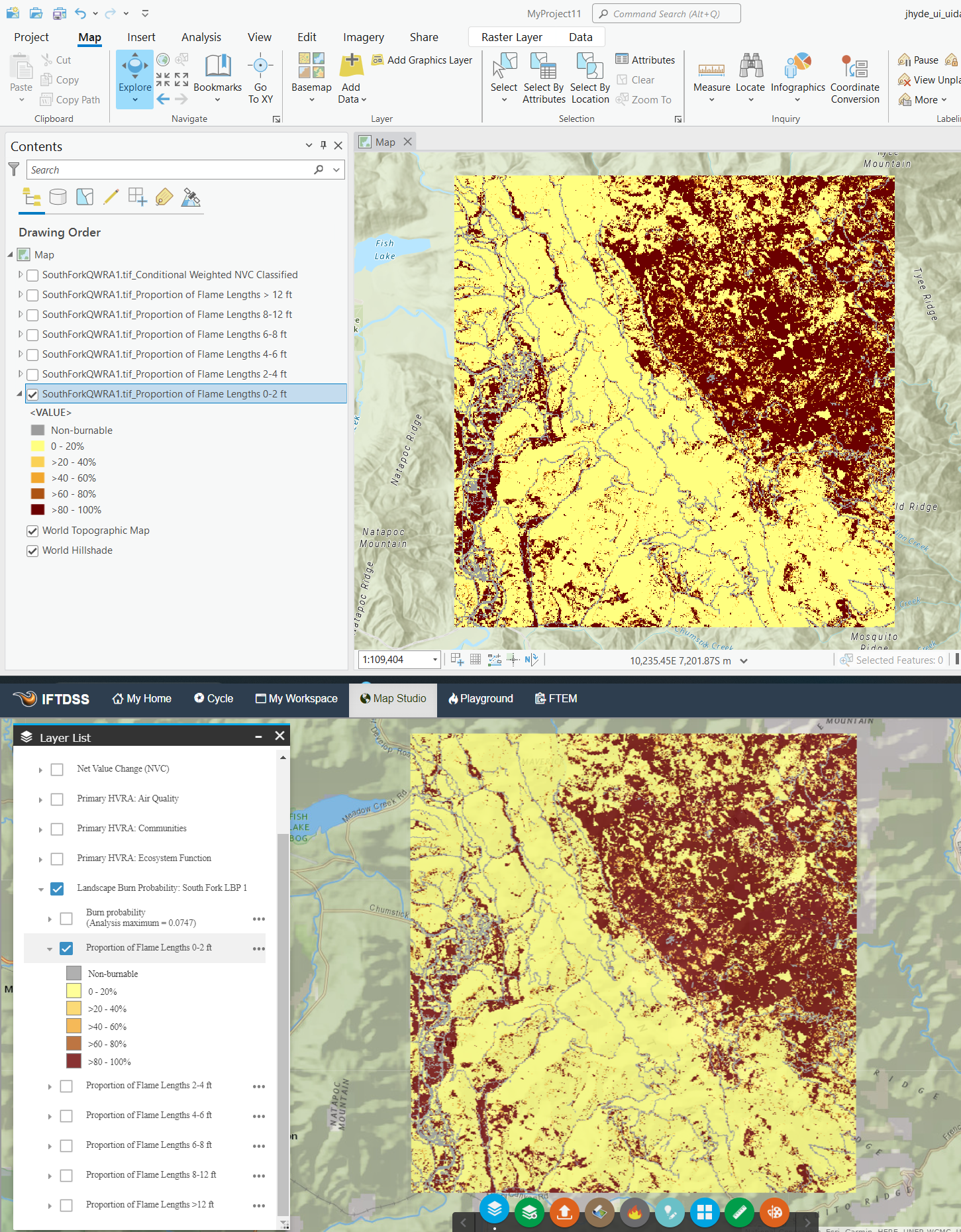 Proportion of Flame Lengths displayed in ArcPro with the same symbology as that used in IFTDSS Map Studio.