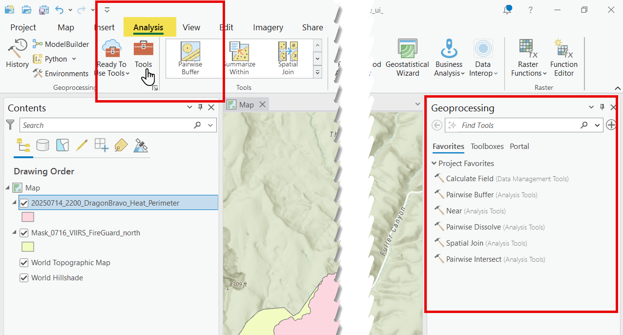 The Geoprocessing pane opens in the right of the map in this example.