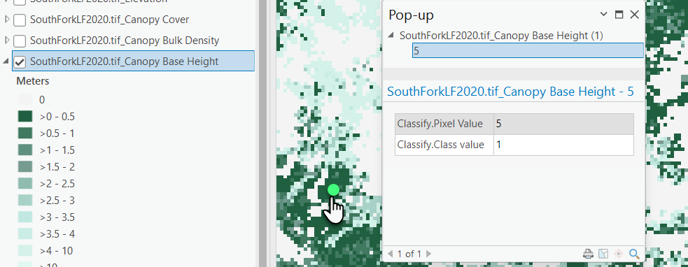 Canopy base heights in the geotiff indicated with a pixel value of 5, and canopy base height of 0.5