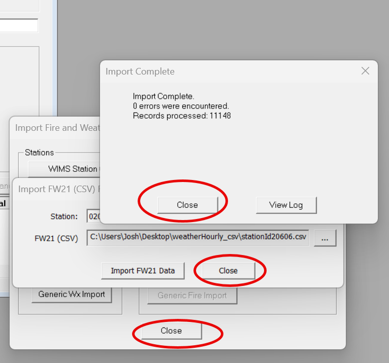 click the 'close' buttons that appear when the file import is complete.