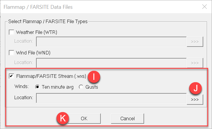 Select the  'Flammap/FARSITE Stream (.wxs)' file type, use 'ten minute avg' winds, and click 'ok'.