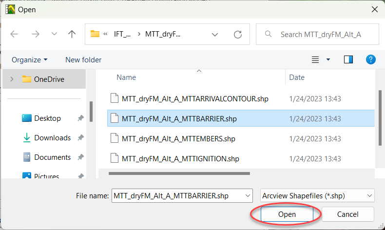 The barrier shapefile selected in the FlamMap file explorer.