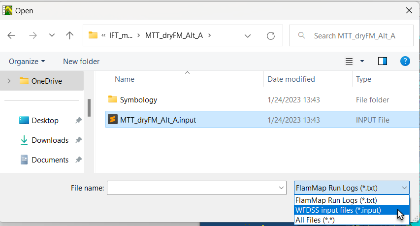 The mtt input file selected in FlamMap file explorer.