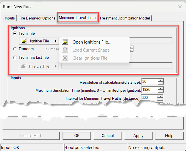 The "Ignitions" options displayed unter the "Minimum Travel Time" tab in FlamMap