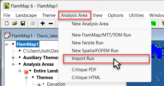 The "Import Run" option under "Analysis Area"