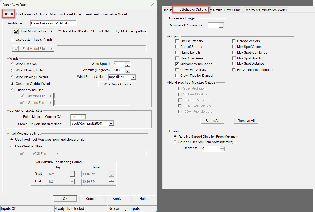 Lists of inputs from the FlamMap interface with checkboxes next to several inputs.