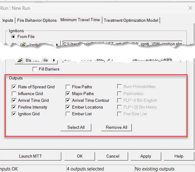 The MTT Outputs we mentioned (rate of spread grid, etc.) with checkboxes selected next to each one.