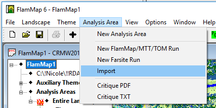 'import' option visibile in the drop-down menu for 'Analysis Area'.