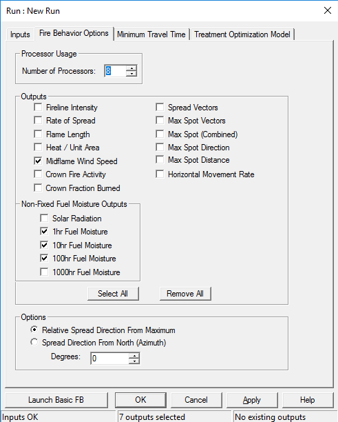 fire behavior options tab with the same outputs used in IFTDSS selected