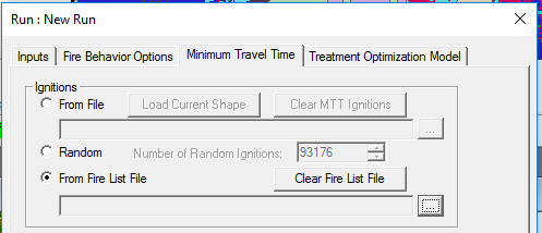 mimimum travel time tab with the 'from fire list file' option selected.