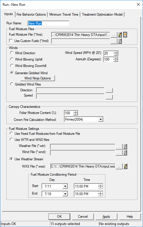 inputs window in flammap displaying the same inputs as those used in IFTDSS
