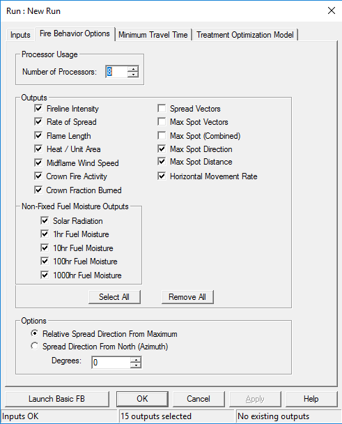 flammap model options showing the same outputs selected as those used by iftdss.