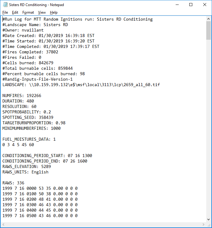 text file showing model inputs used in IFTDSS, for import into FlamMap