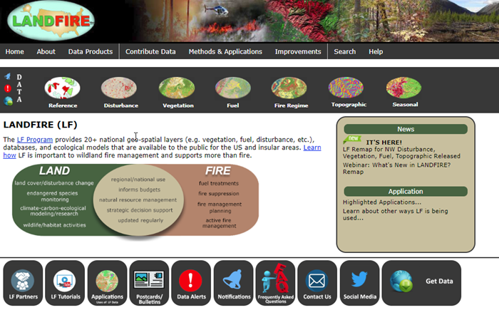 Screencapture of the landfire webpage showing a US map and a list of different data products available