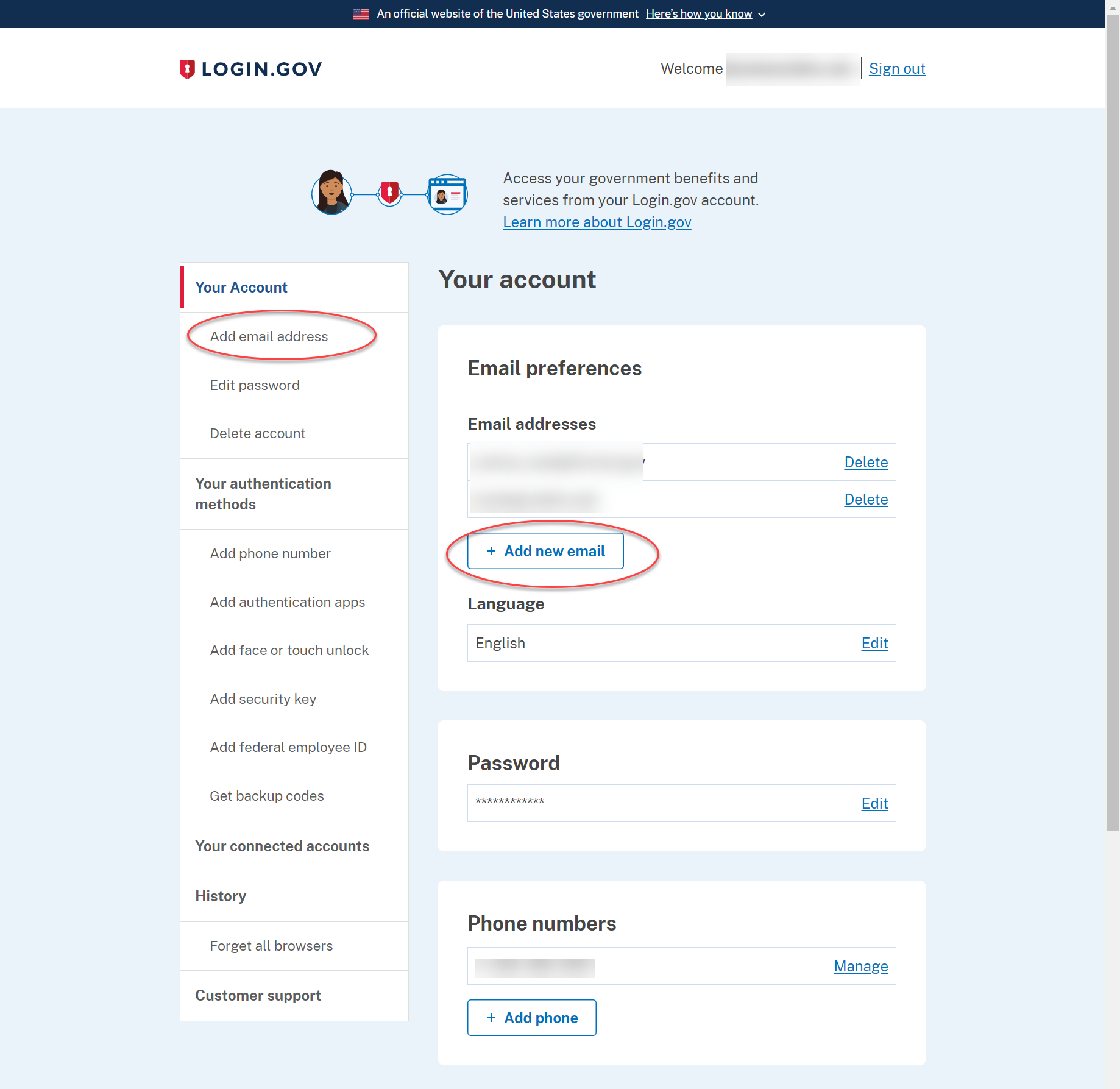 The Account page in Login.gov with the "Add New Email" address prompts circled.