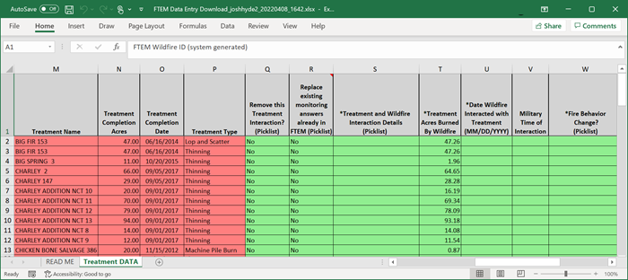 FTEM batch monitoring spreadsheet with several rows ready for data entry.
