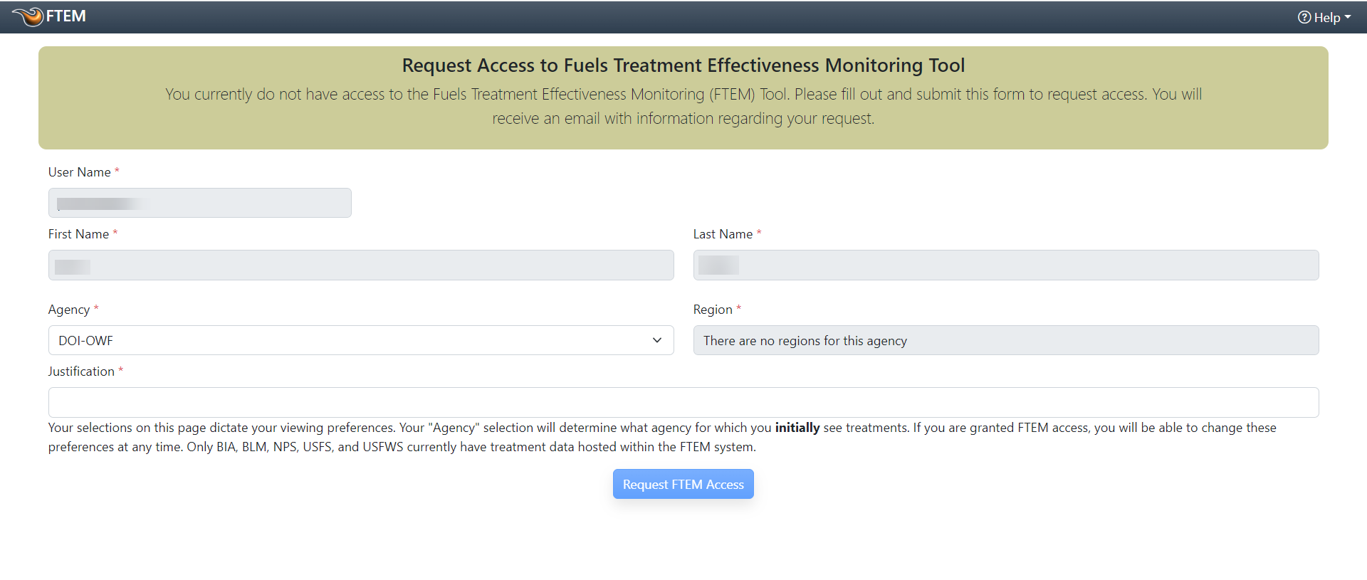 FTEM User request application with DOI-OWF selected as the users Agency