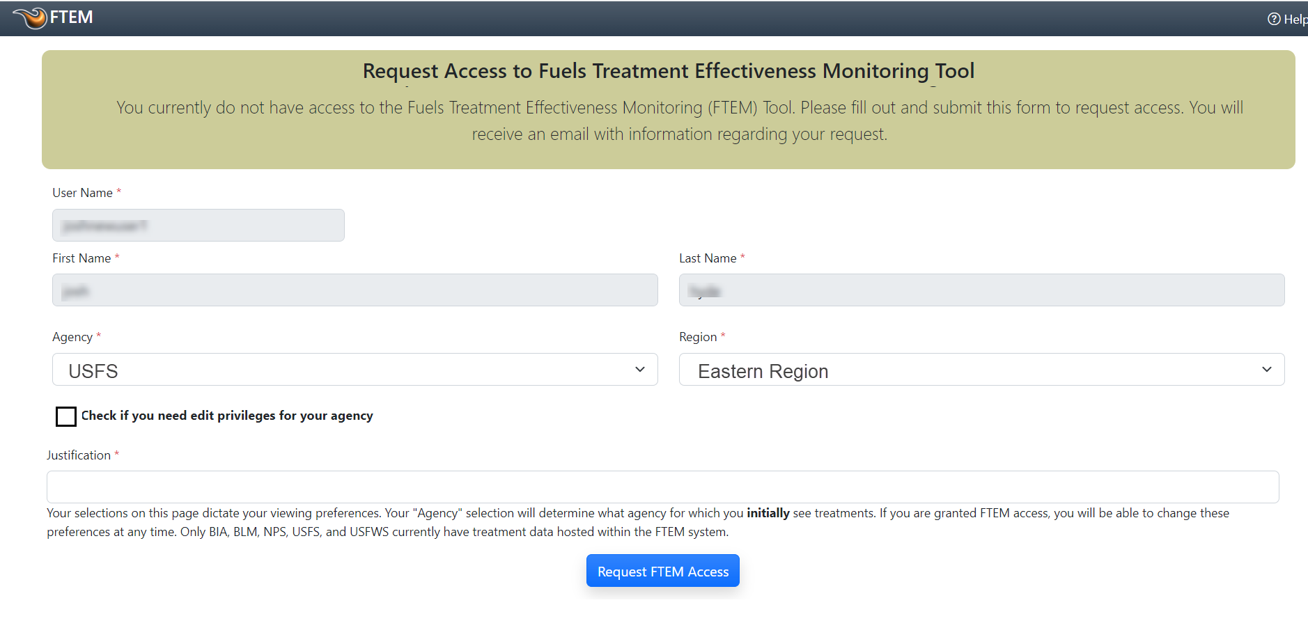ftem user role page with information fields