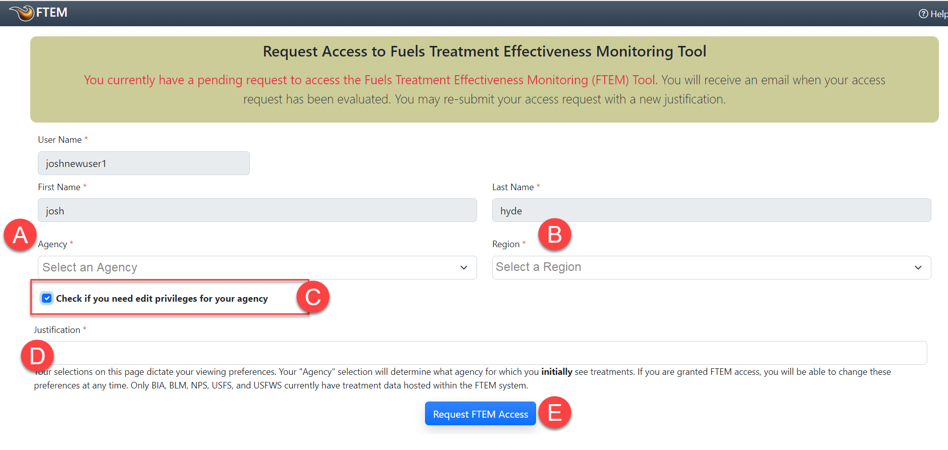 request account access from the ftem 'request access' screen