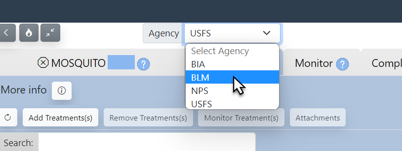 agenices are listed in a drop down menu