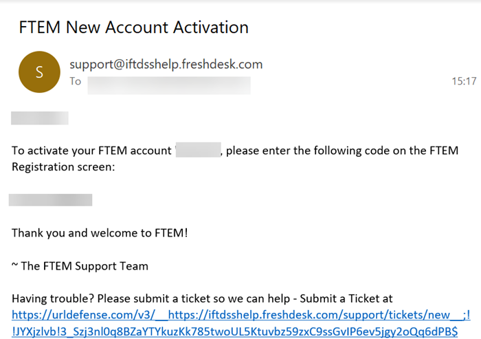 email informing a user their FTEM account has been created