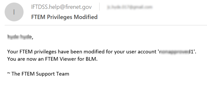 example of approval email sent to users when they are approved to view FTEM