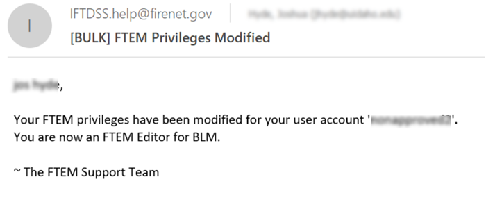 example email confirming a user now has FTEM editor role.