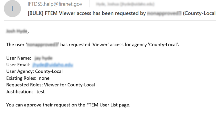example email sent to FTEM admin that non-federal user requests viewing role for a non-federal agency