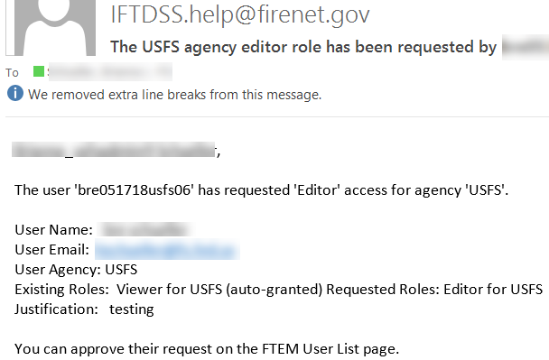 example email notifying ftem administrator that a preapproved user has requested editor access