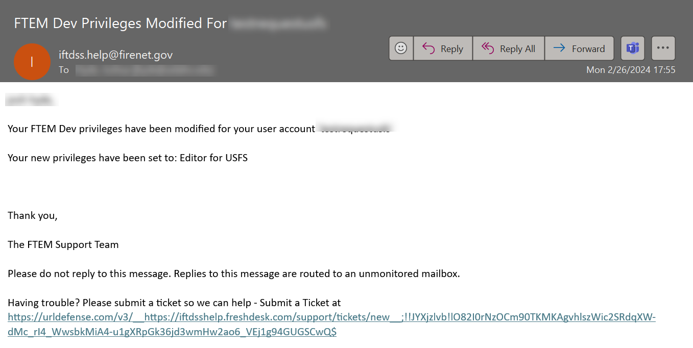 email confirming a user's role has been changed.