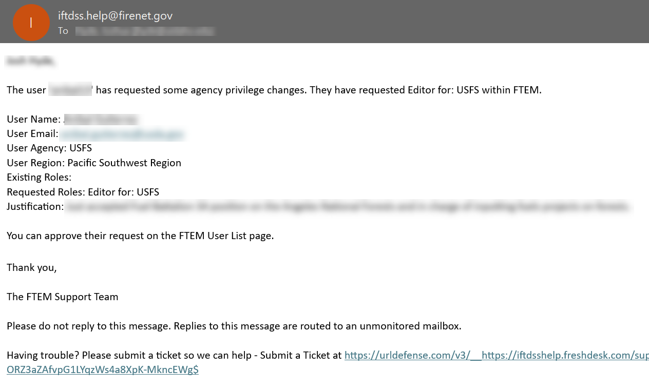 email to an administrator notifying them of the user's request