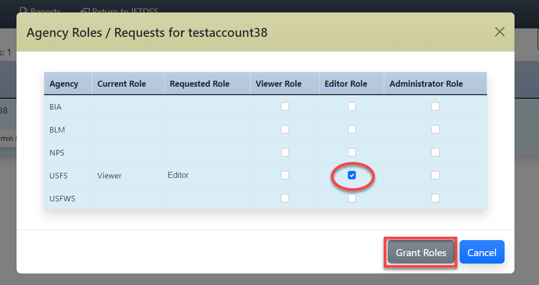 a dialogue box will display the available roles an admin may assign a user.