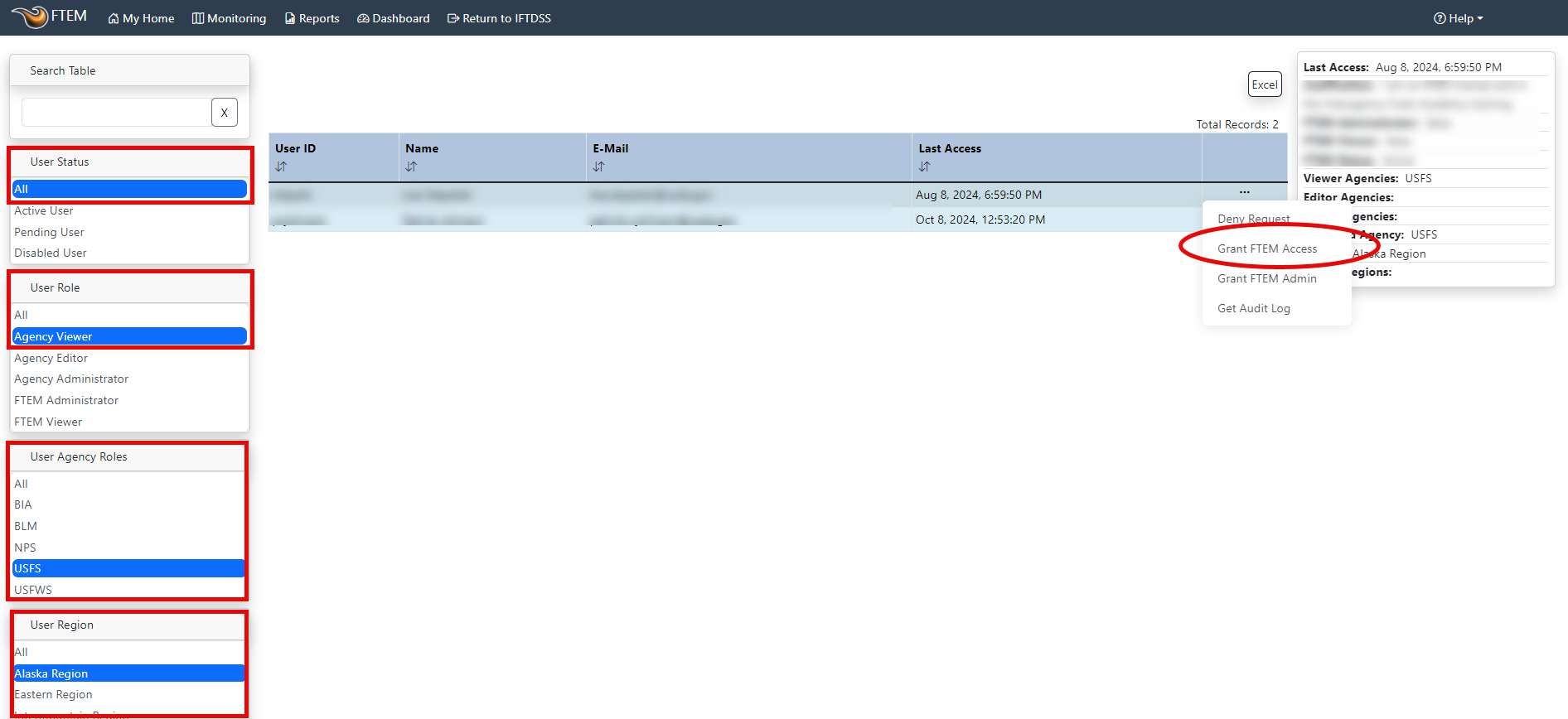 filtering by agency and region can be perfomed using the filter text displayed on the left