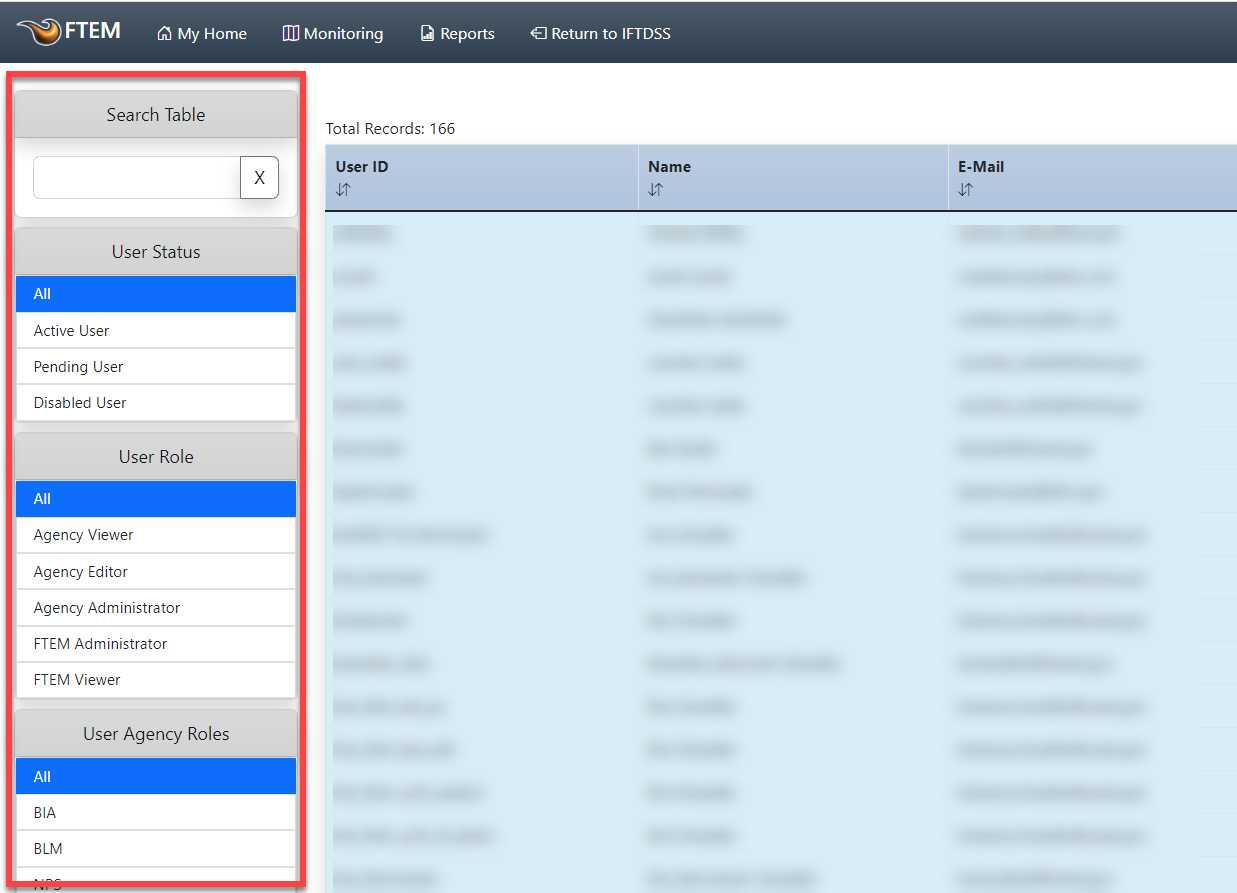 Click on the categories on the left of the User List to filter the list of users based on their status, or agency.