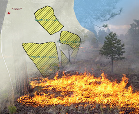 two images faded into one, with flaming grass fire on the bottom, fading to a map with polygons visible on the top
