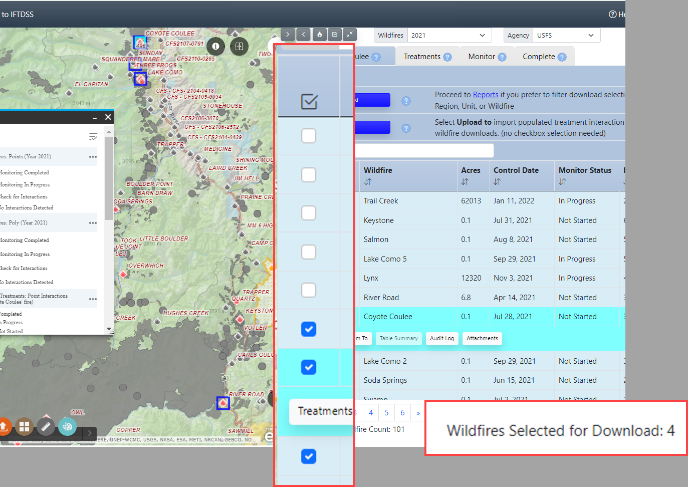 Fires on the map outlined in blue.