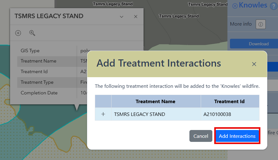 The Add Treatment Interactions box with a button in the bottom right to Add interactions.